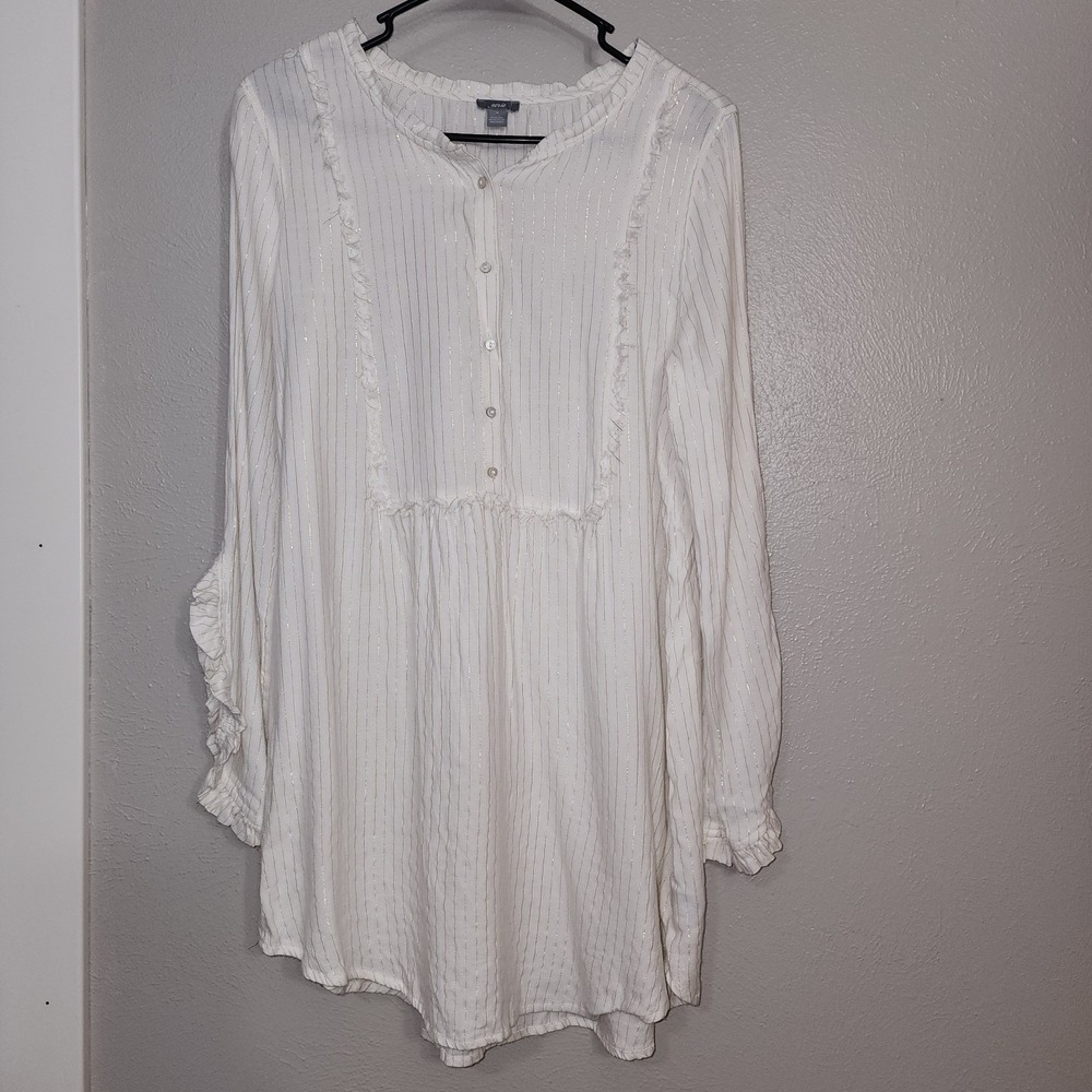 Aerie White and Gold Lagenlook Tunic‎ Top With Metallic Threading Medium